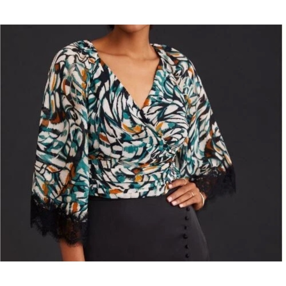 Anthropologie Green, Brown and Black Flutter Sleeve Wrap Top - Size S